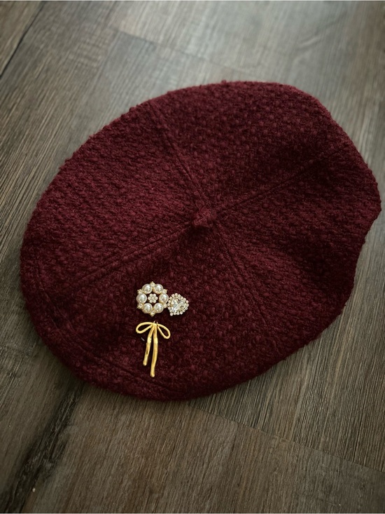 Accessories - Women's Burgundy Knit Beret with Floral Brooch Accent